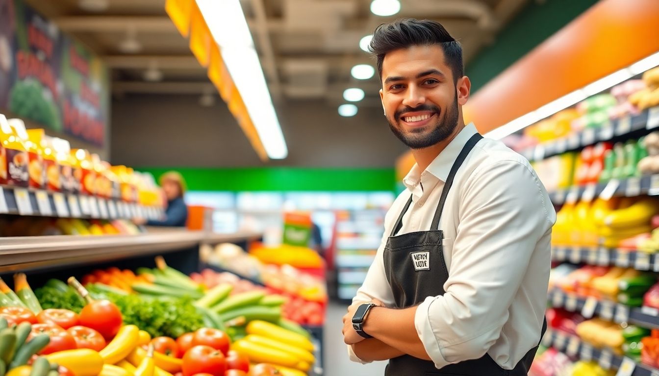 Smiling supermarket employee stocking fresh produce on a shelf.