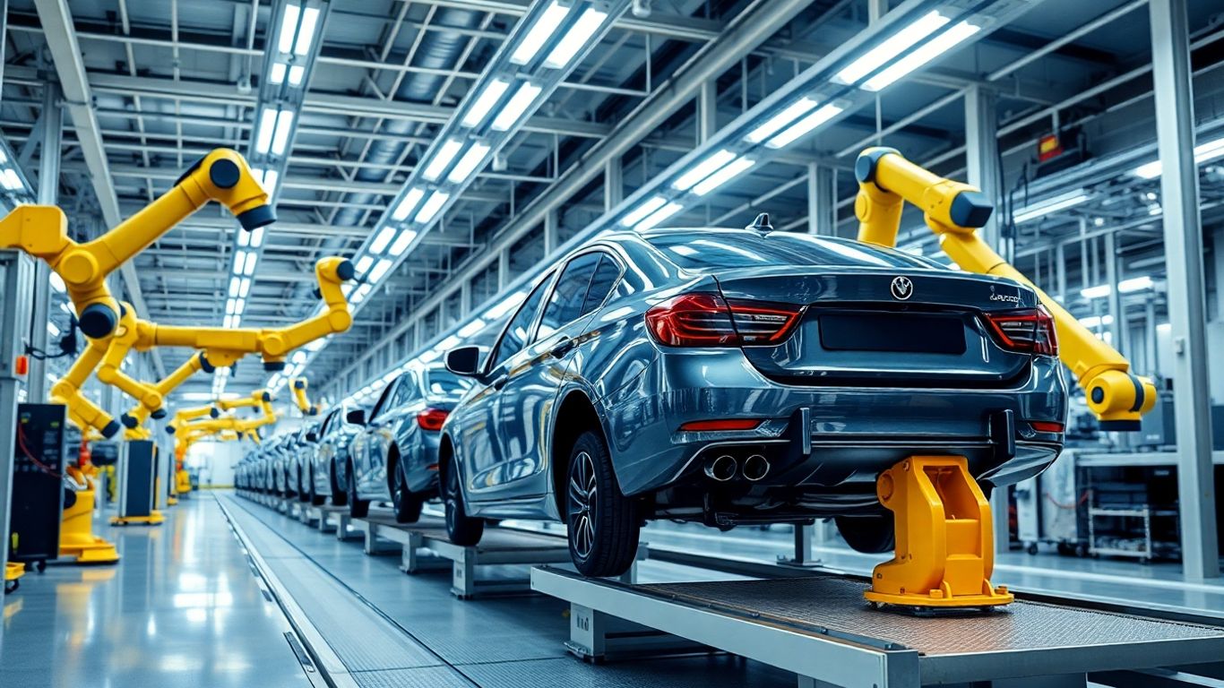 Moderne Autofabrik mit Roboterarmen und Fahrzeugen