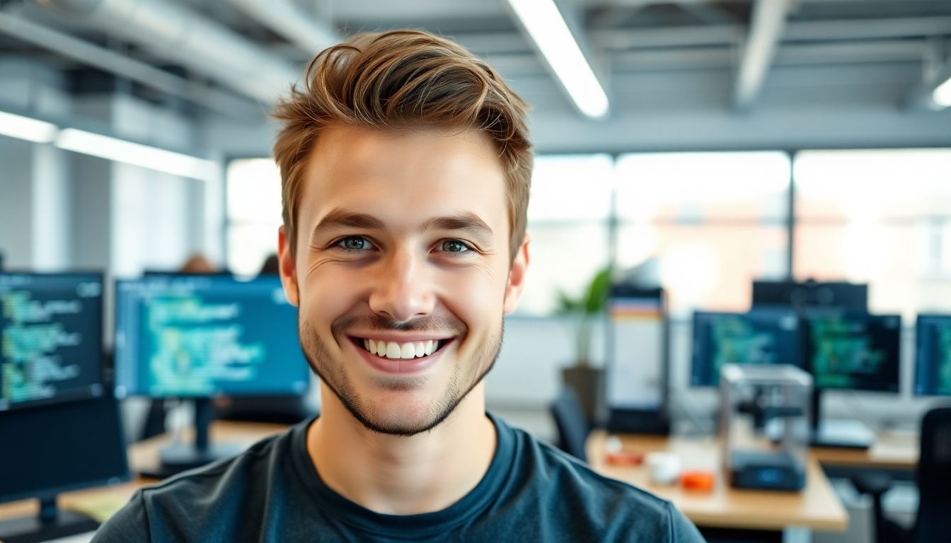 Smiling developer in a bright, modern office setting.