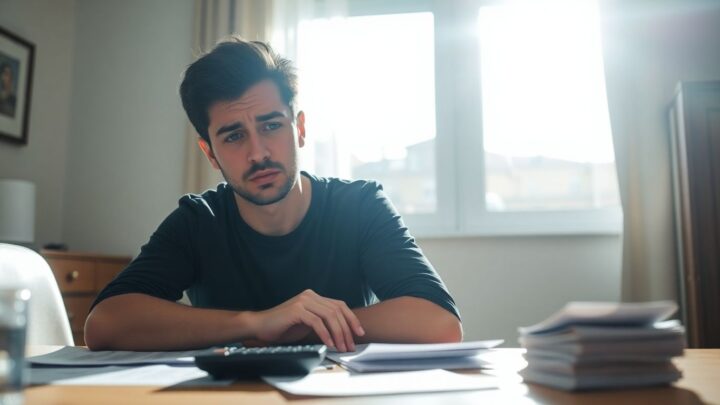 Mann sitzt am Tisch mit Rechner und Papieren.