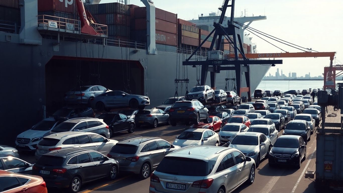 Fahrzeuge werden von einem Frachtschiff entladen, Importbetrieb.