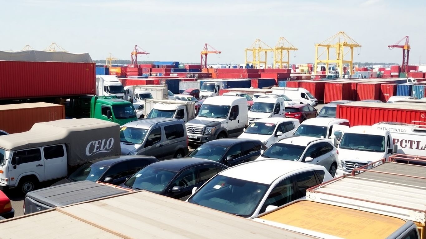Fahrzeuge auf einem Lagerplatz, bereit für Import und Transport.