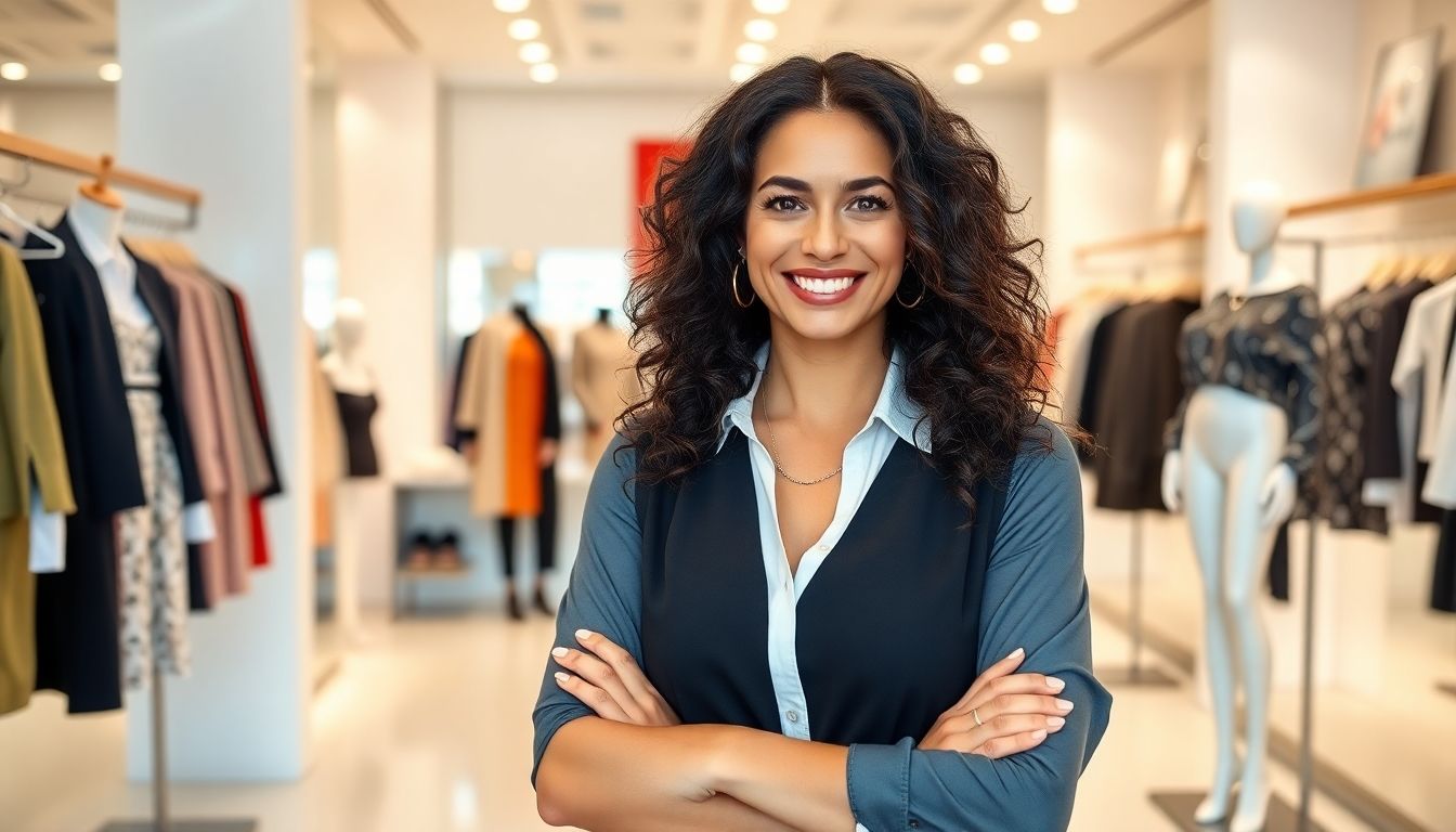 Stylish woman in a bright fashion boutique, surrounded by clothes.