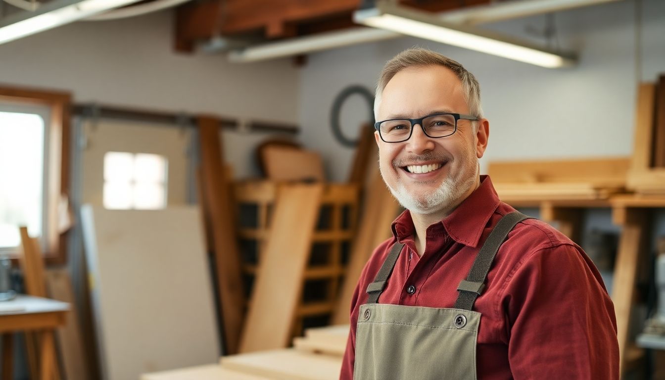 Smiling carpenter in a well-lit workshop.