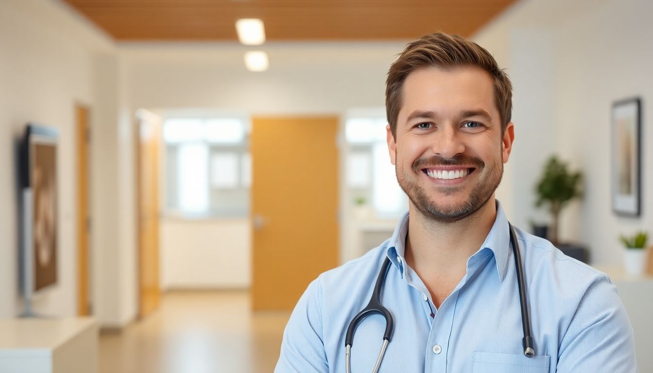 Smiling clinic director in a bright, modern office.