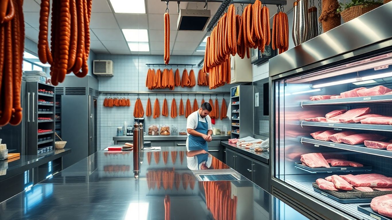 Metzger im Geschäft mit Fleisch und Kühltheke