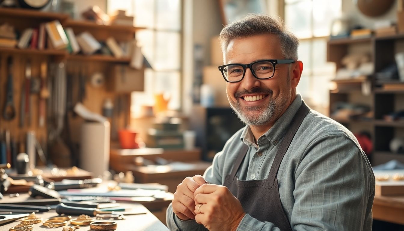 Smiling goldsmith working in a bright, secure workshop.