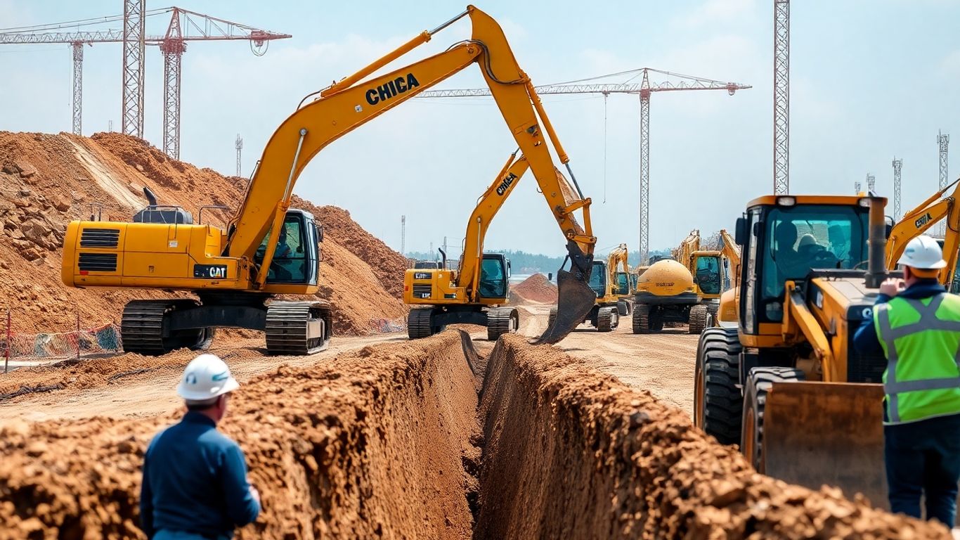 Tiefbauarbeiten mit Baggern und Arbeitern auf einer Baustelle.