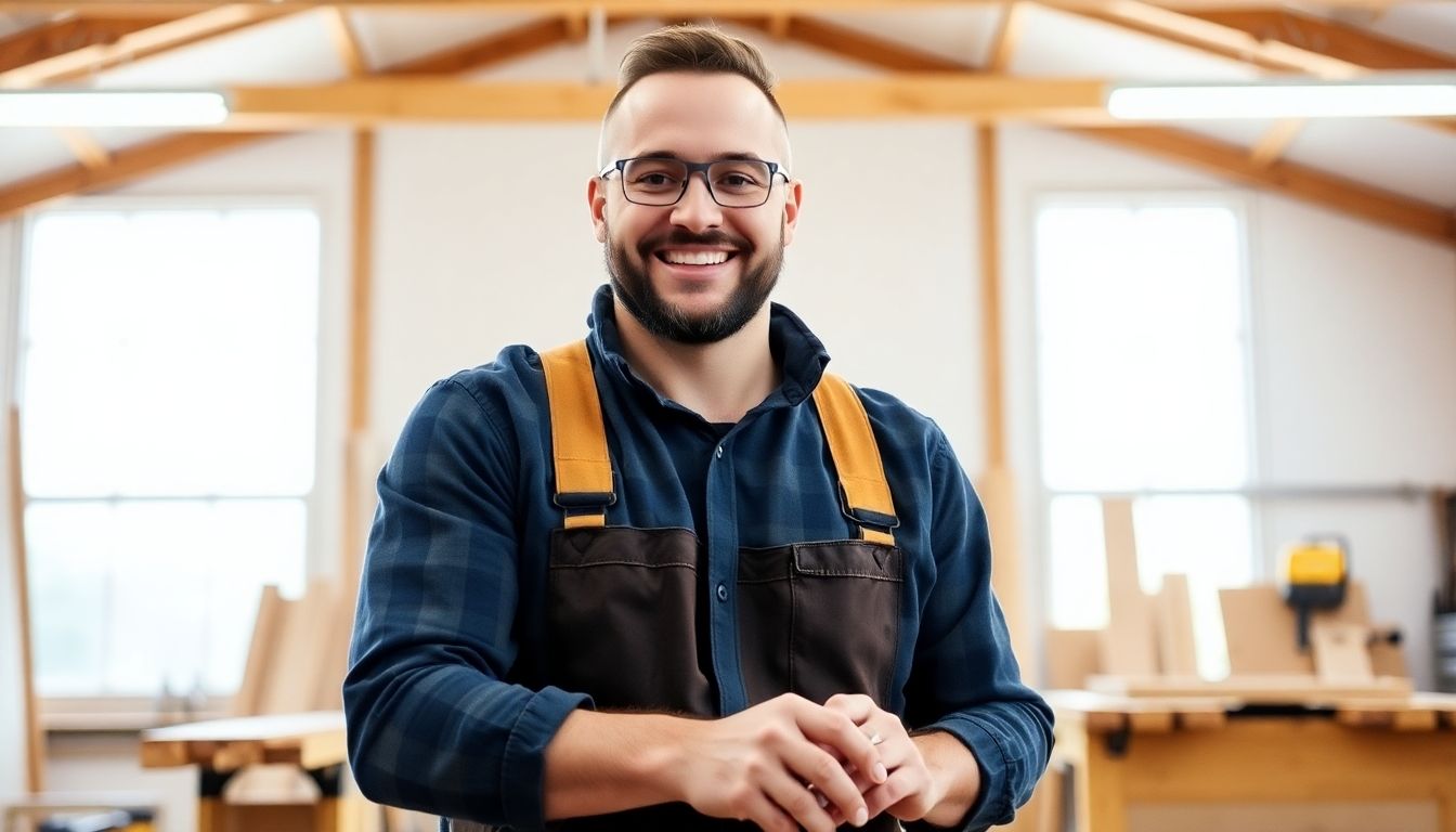 Smiling carpenter in a bright, modern workshop.