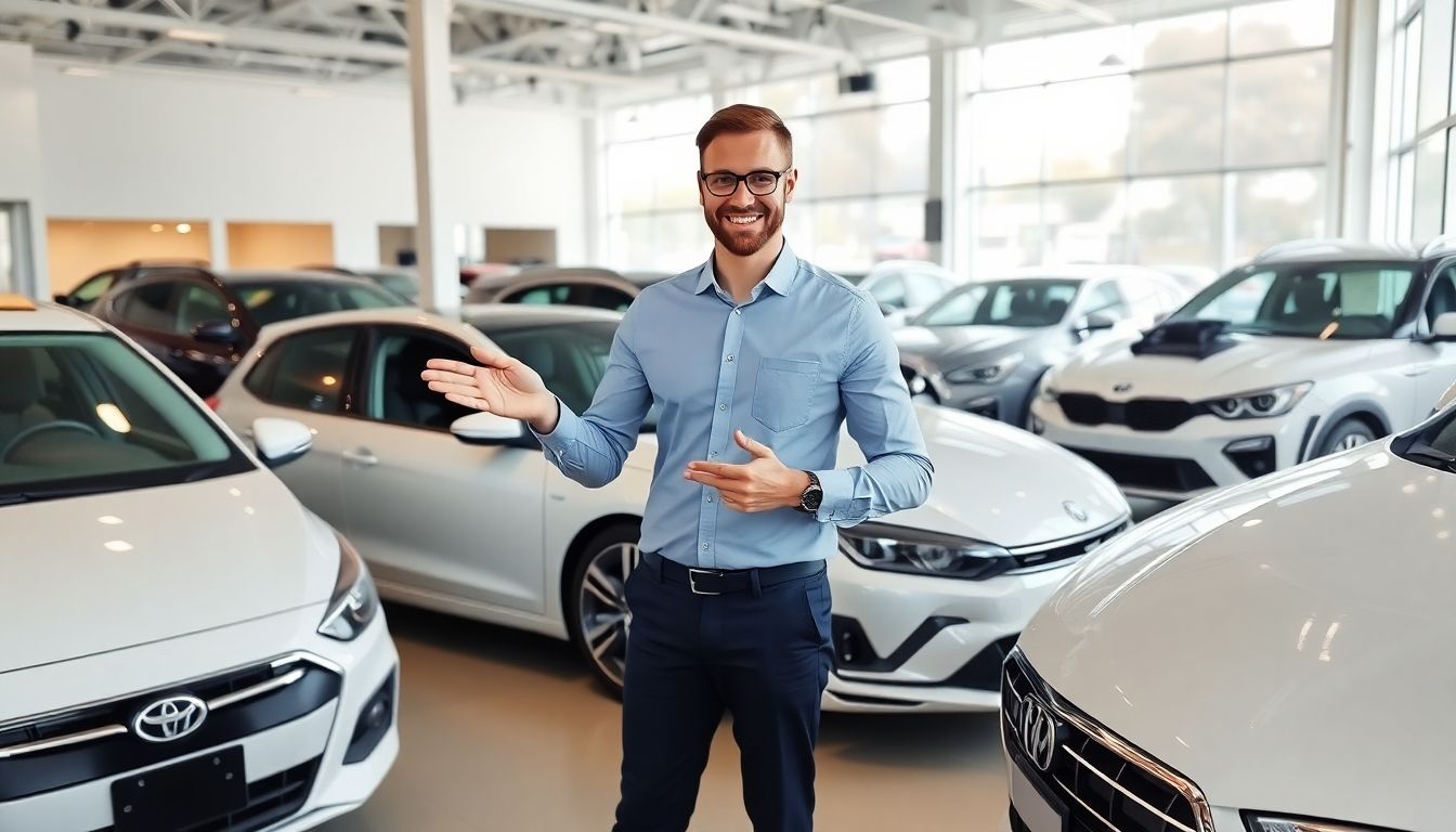 Smiling car dealer in a bright showroom with new vehicles.