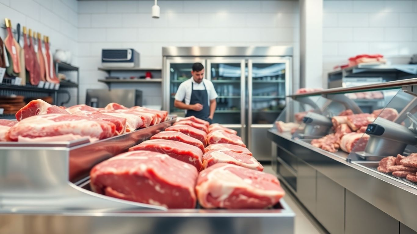 Metzger mit Fleisch in Kühlregal und Kühlkette