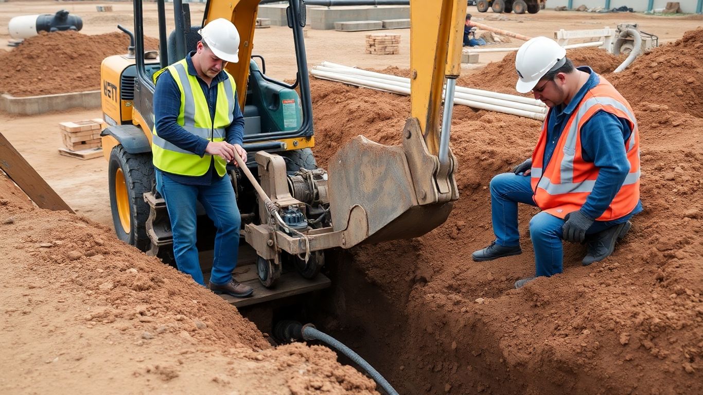 Tiefbauer bei der Arbeit mit schwerem Gerät und Rohren.