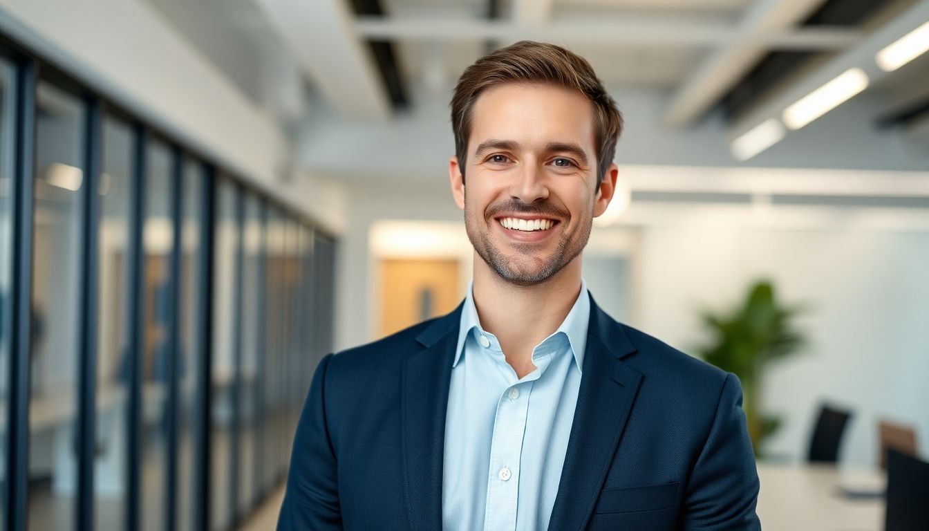 Smiling executive in a bright, modern office setting.