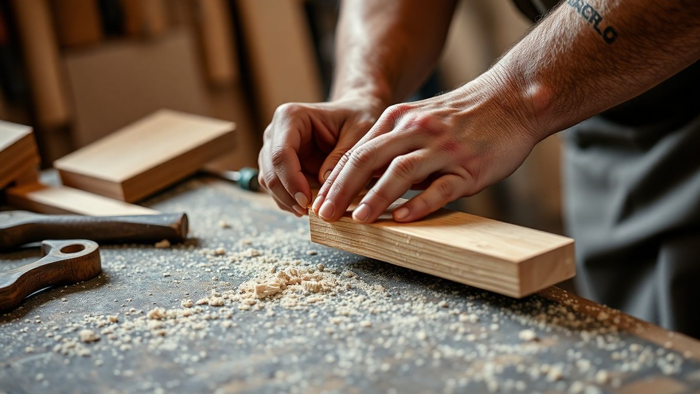 Handwerker arbeitet mit Holz in einer Werkstatt.