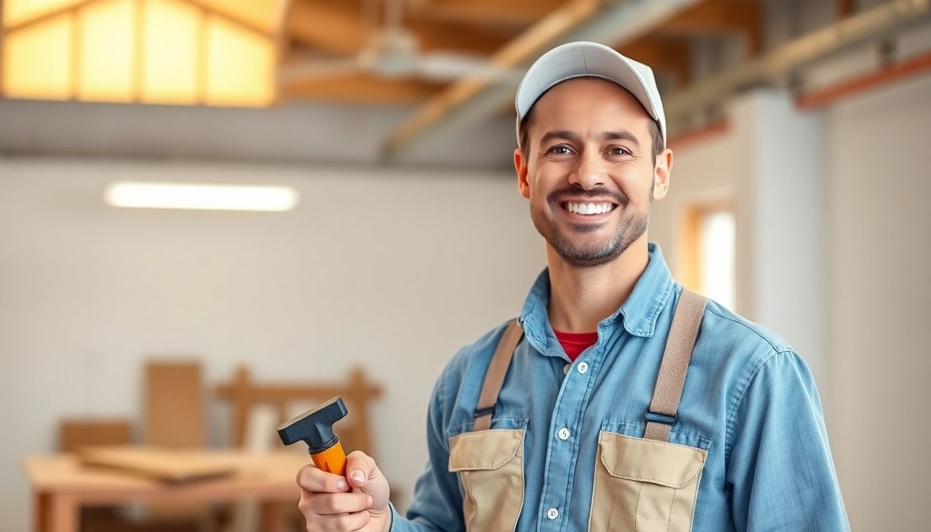 Smiling stucco worker in a bright, professional setting.