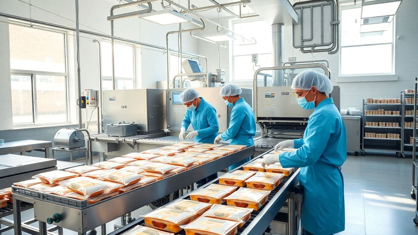 Lebensmittelproduktion mit Arbeitern und Ausrüstung