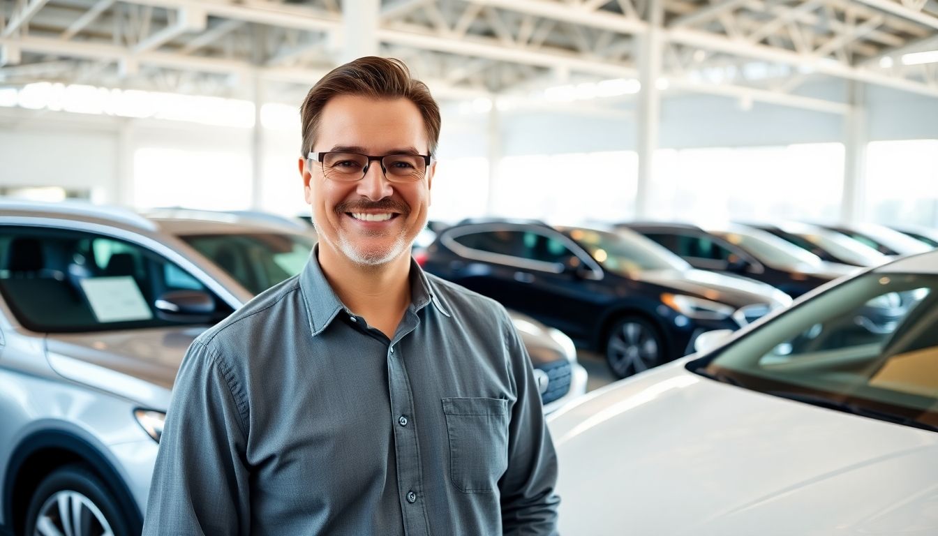 Smiling car dealer in a bright, modern showroom.