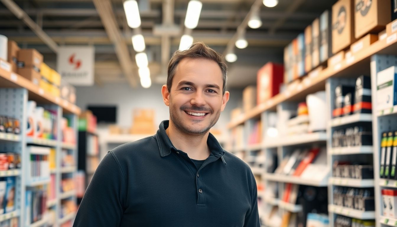 Smiling retailer in a well-stocked, bright shop.