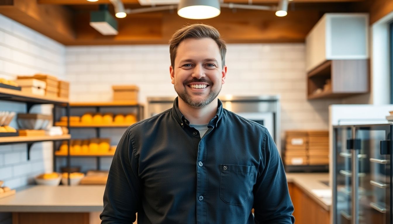 Smiling bakery owner in a bright, modern bakery.