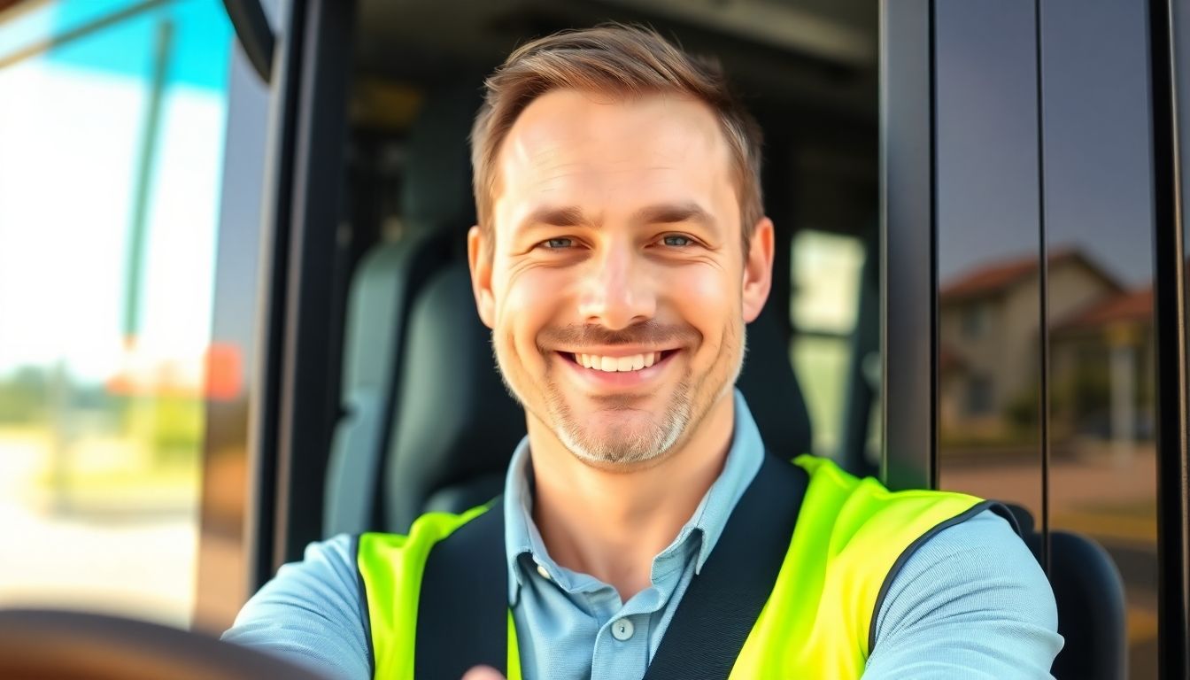 Smiling bus driver in front of a modern bus.
