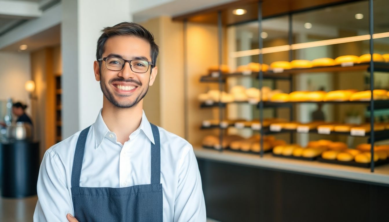 Hotelier smiles with a hotel bakery in the background.