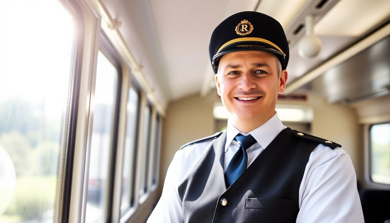 Smiling train conductor in a modern train car.