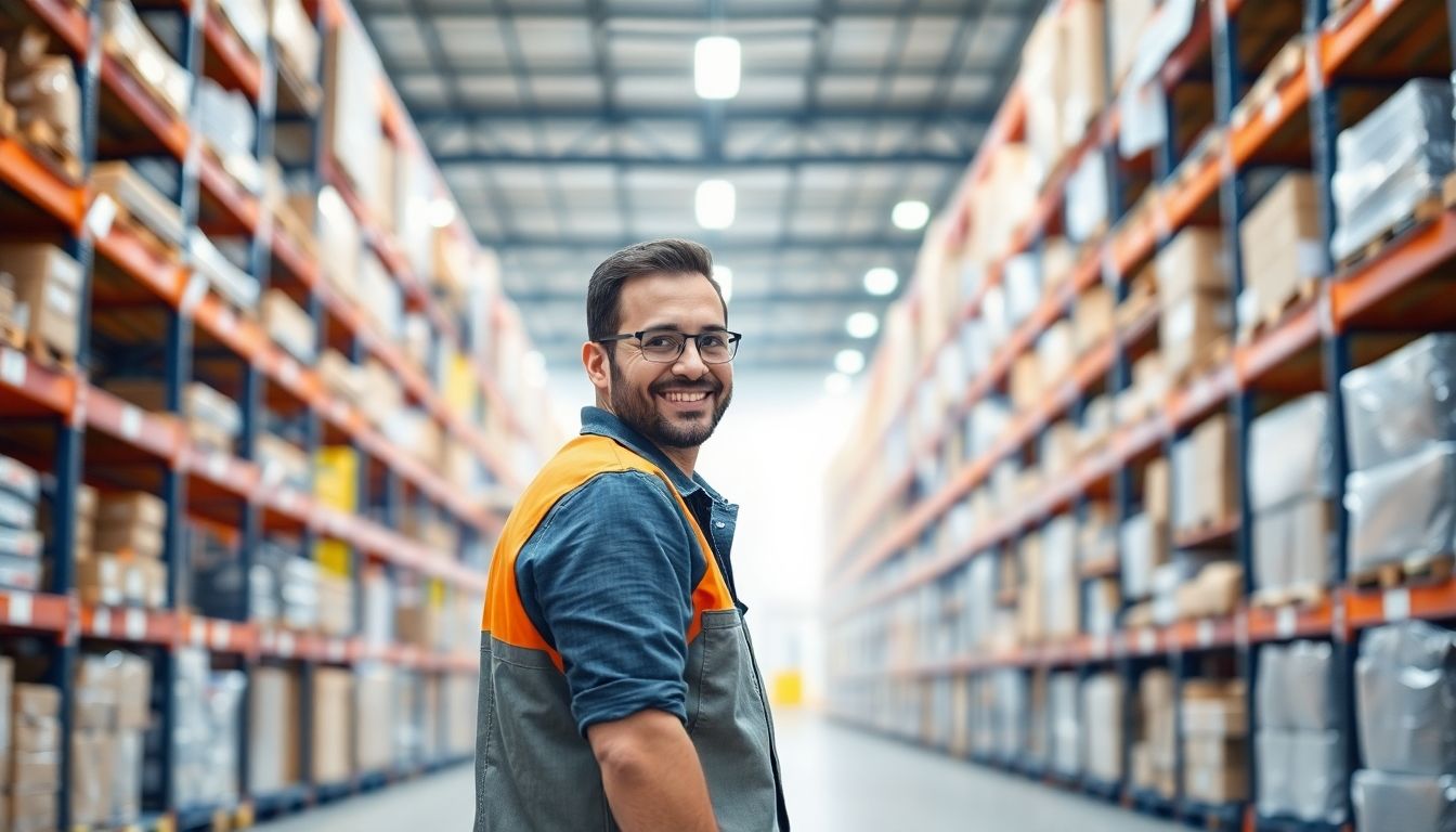 Warehouse worker smiling in a bright, organized warehouse.
