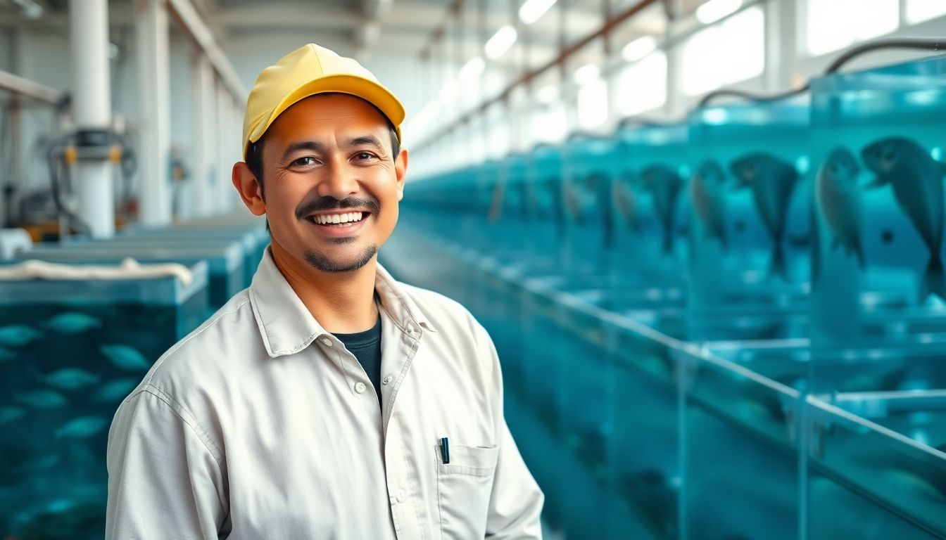 Smiling fish farmer in a bright, modern fish farm.