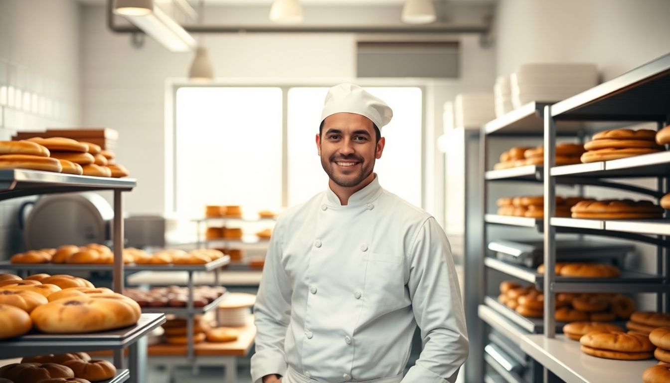 Smiling pastry chef in a bright bakery kitchen.