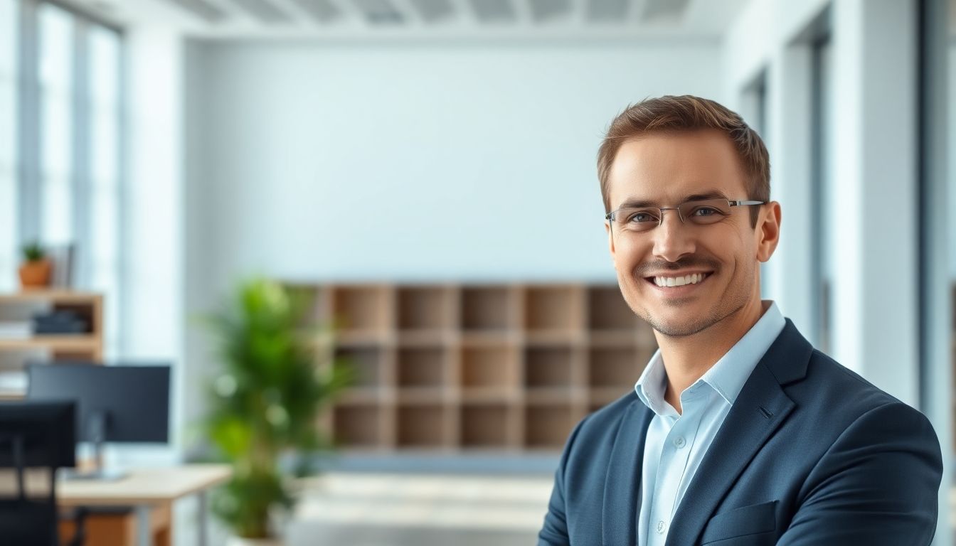 Smiling CEO in a bright office