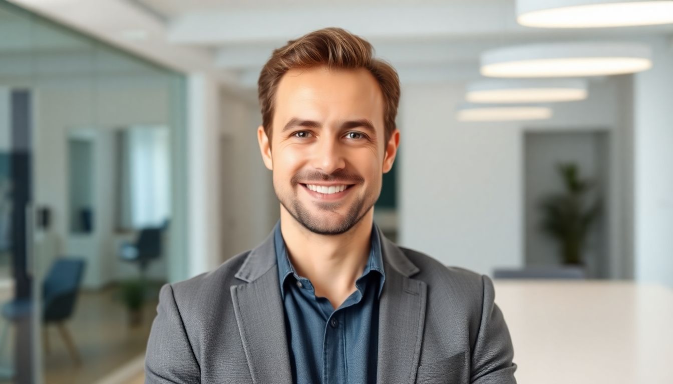 Smiling Geschäftsführer in a bright, modern office setting.