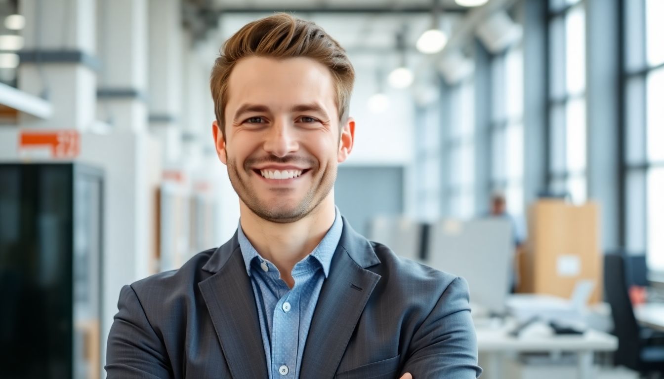 Smiling executive in a bright, modern office setting.