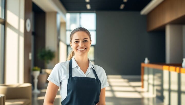 Smiling hotel employee in a modern lobby.