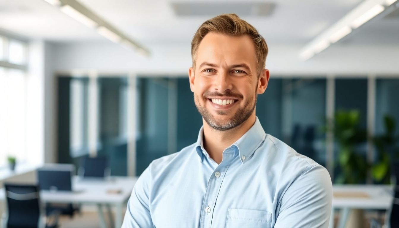 Smiling business owner in a bright office.