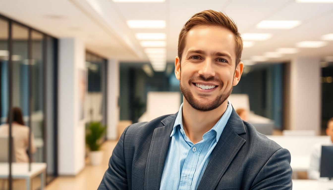 Smiling Geschäftsführer in a bright, modern office setting.