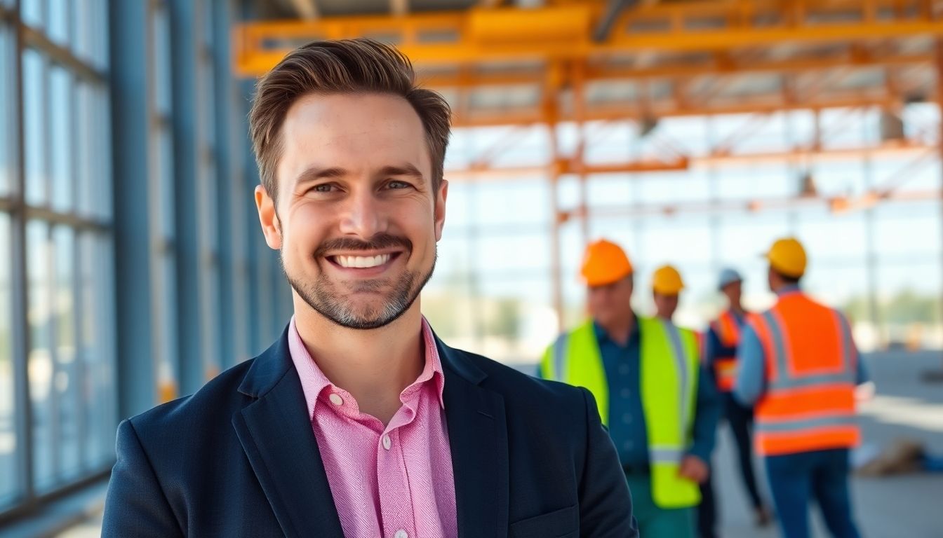 Smiling construction company CEO on a secure building site.