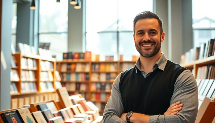 Smiling bookstore owner in a bright, modern shop.