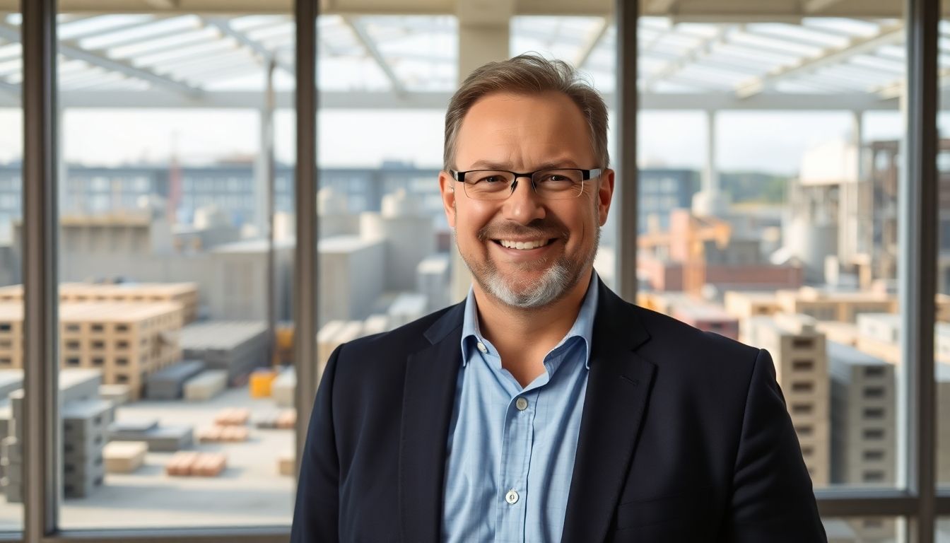 Smiling manager in a modern office overlooking a precast factory.
