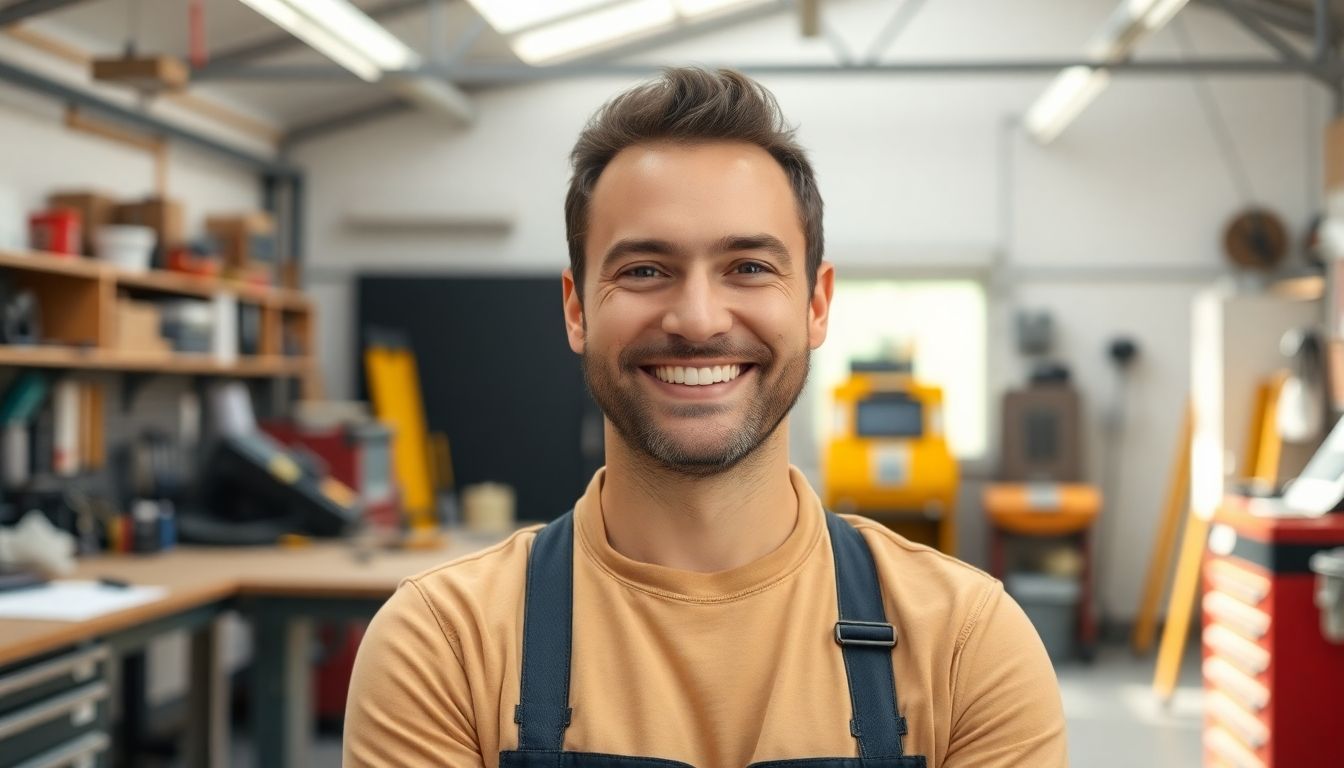 Smiling business owner in a clean workshop.