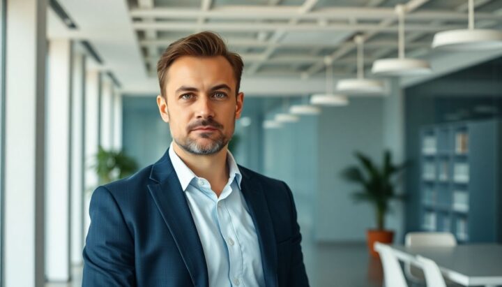Lawyer in a bright, modern office.