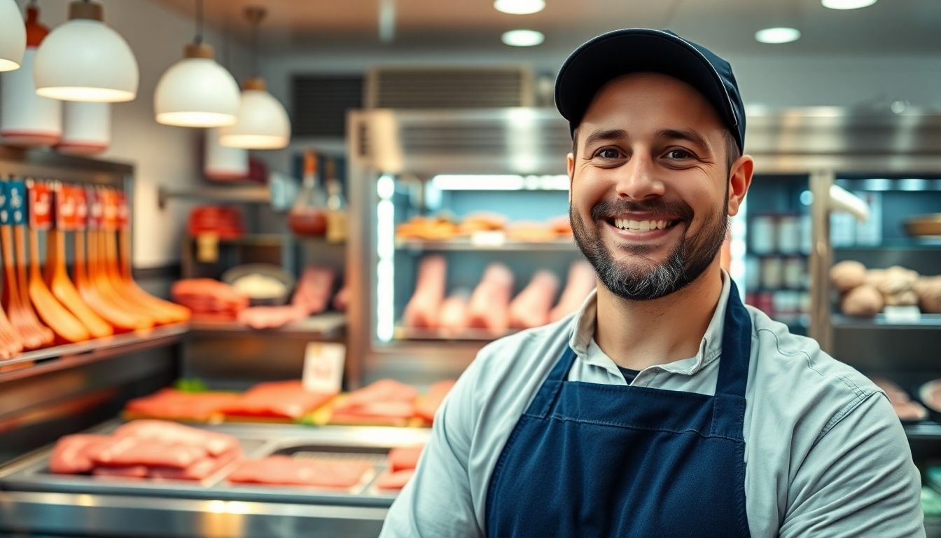 Smiling butcher in a clean, well-lit butcher shop.
