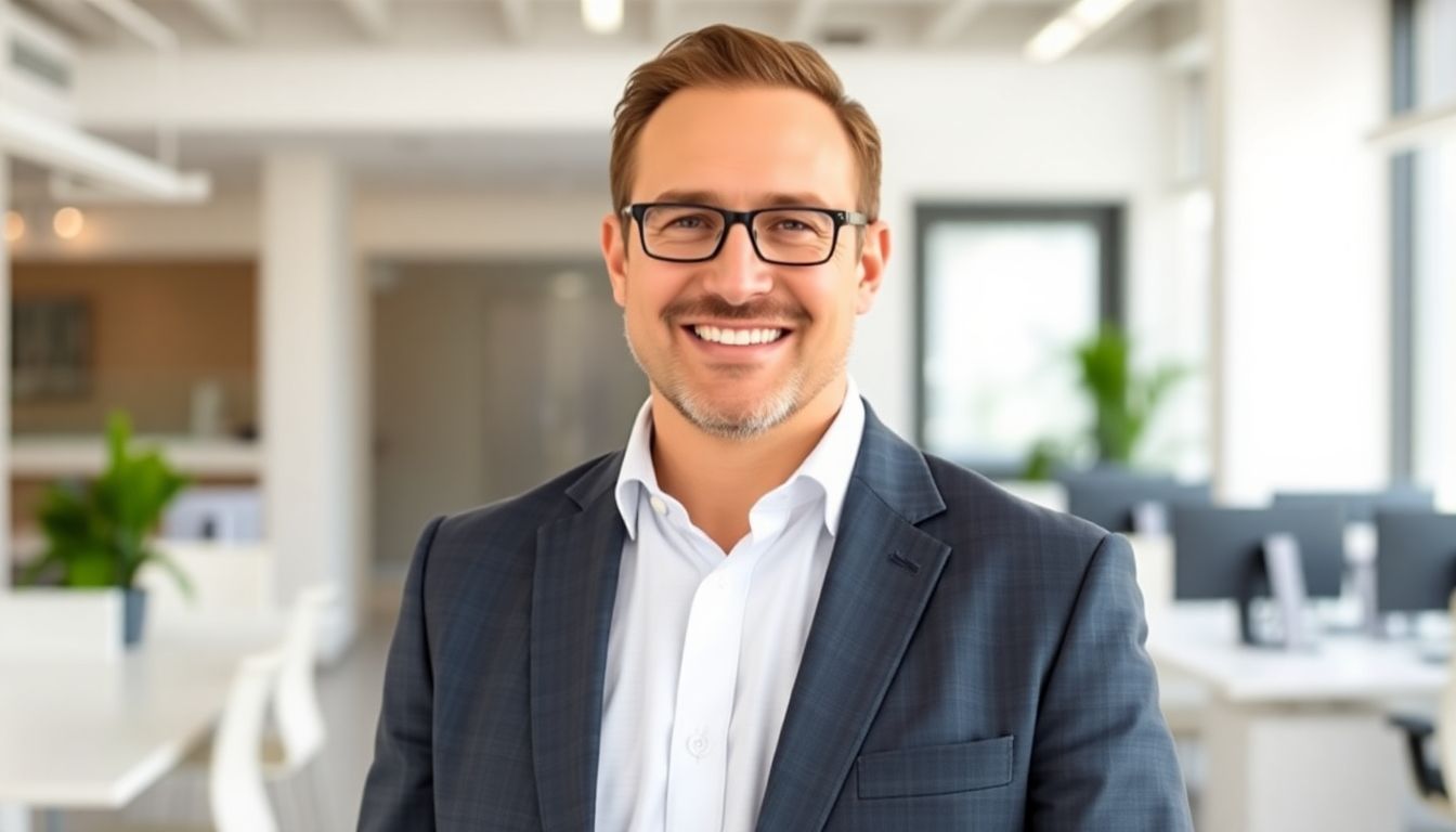 Smiling executive in a bright office setting.