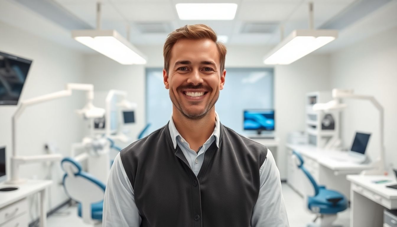 Smiling laboratory director in a modern dental lab.