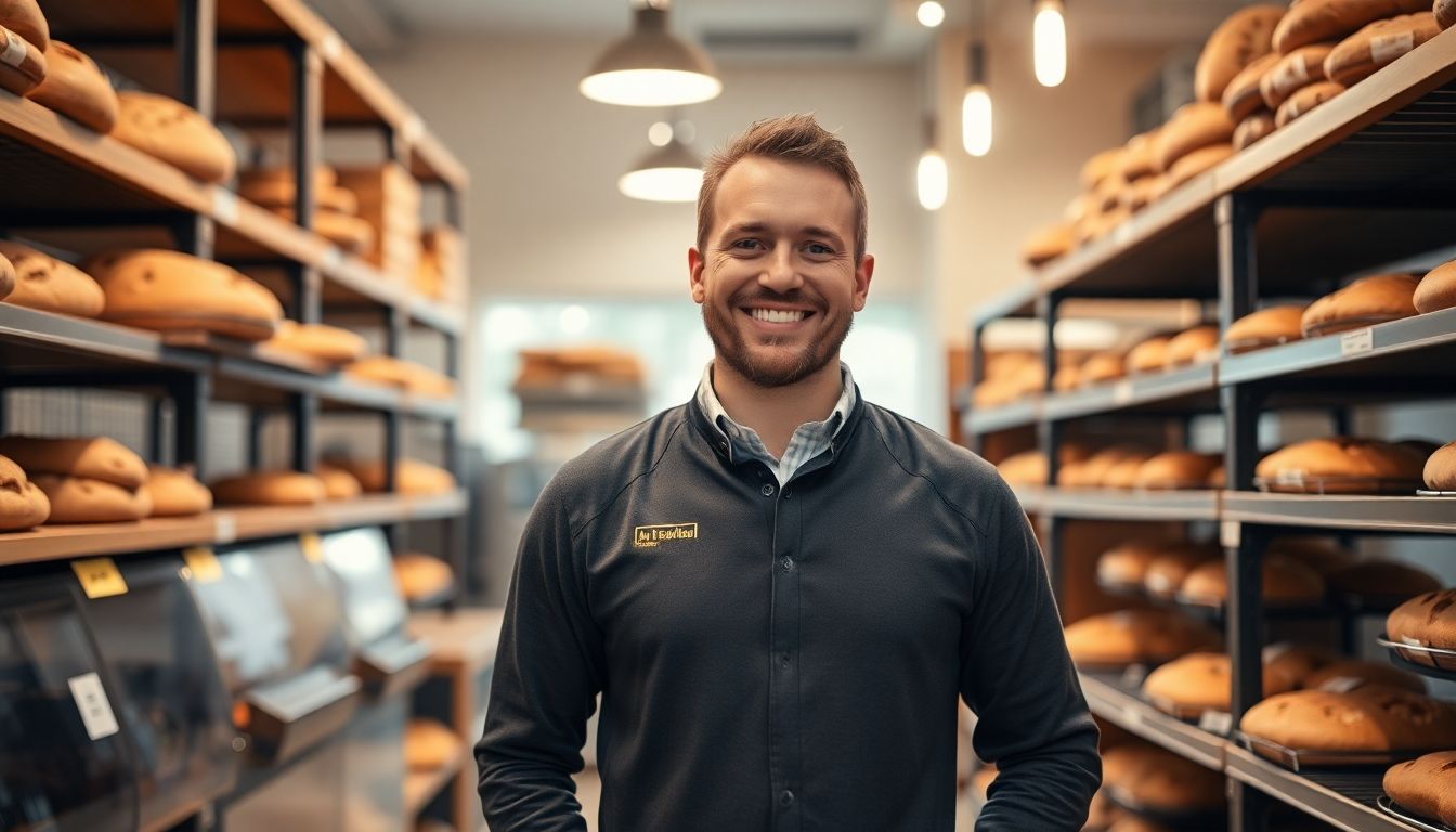 Smiling bakery owner in a bright, modern shop.