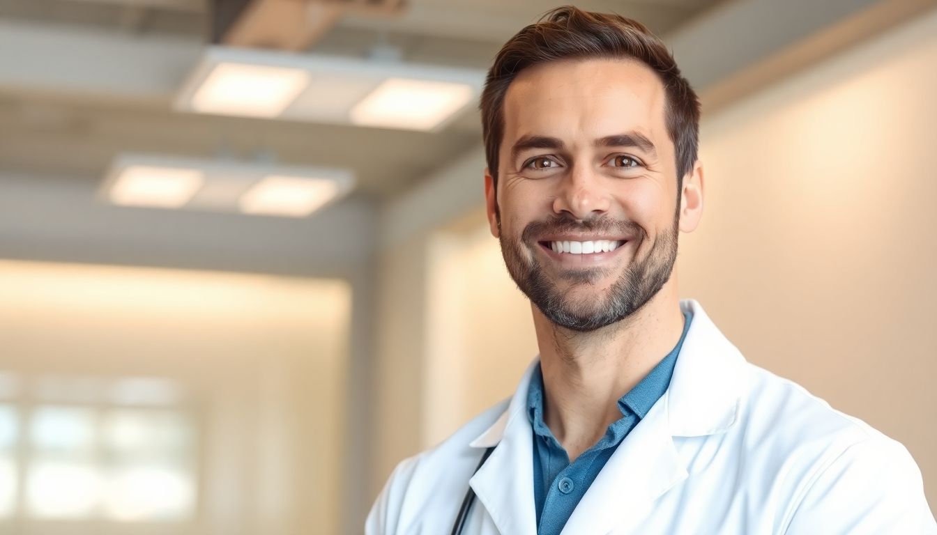 Smiling veterinarian in a bright office setting.