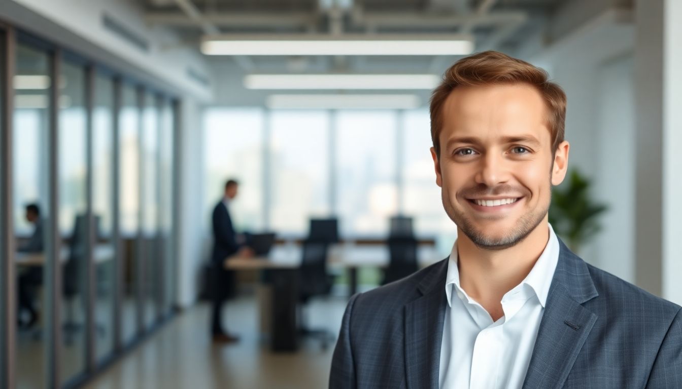 Smiling business owner in a bright office.