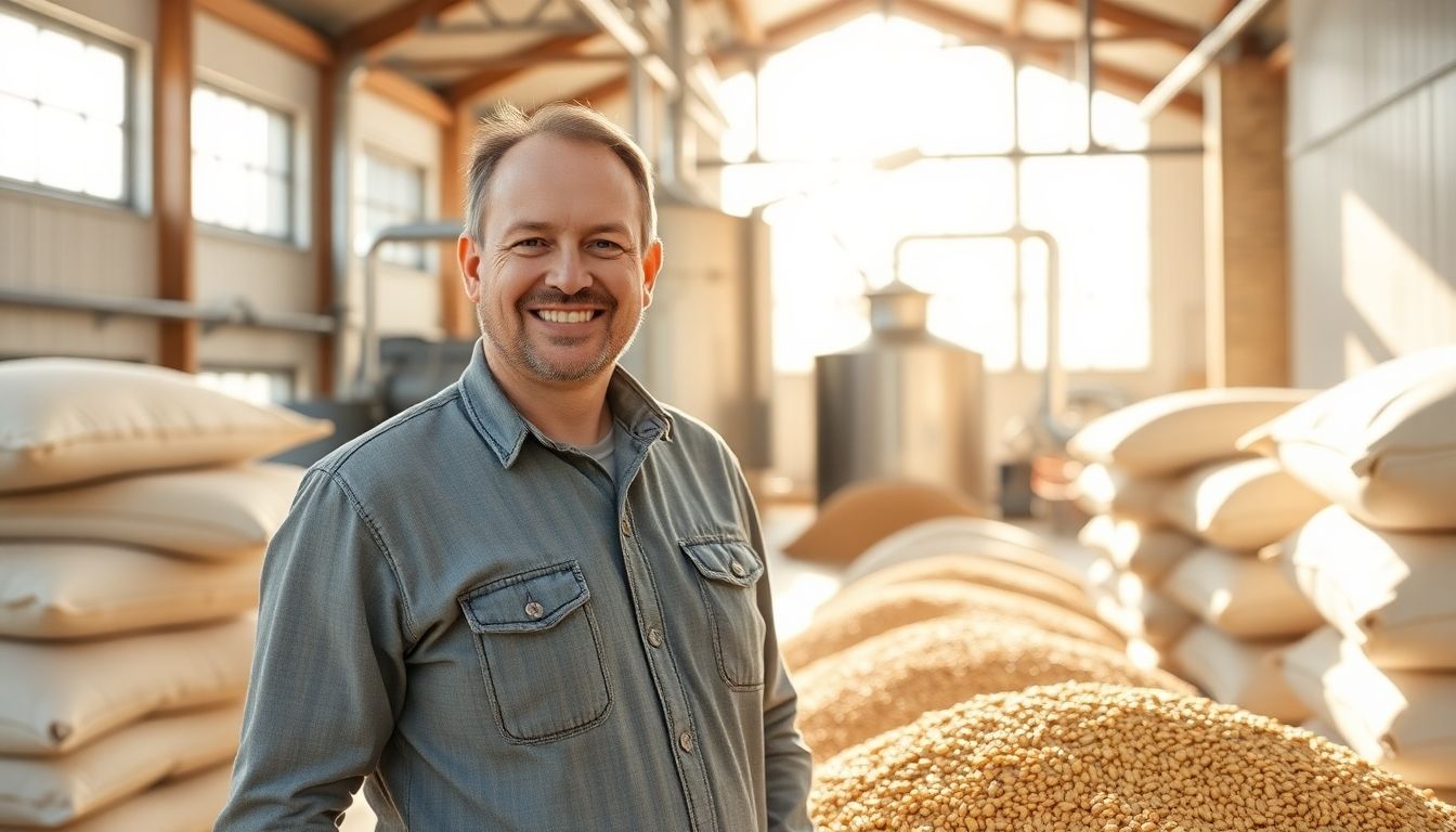 Smiling maltster in a bright malthouse with barley sacks.