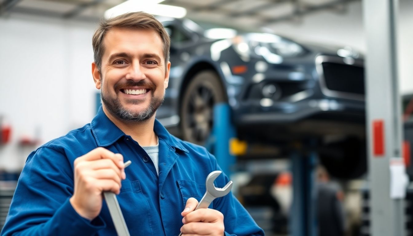 Smiling auto mechanic in a bright workshop.