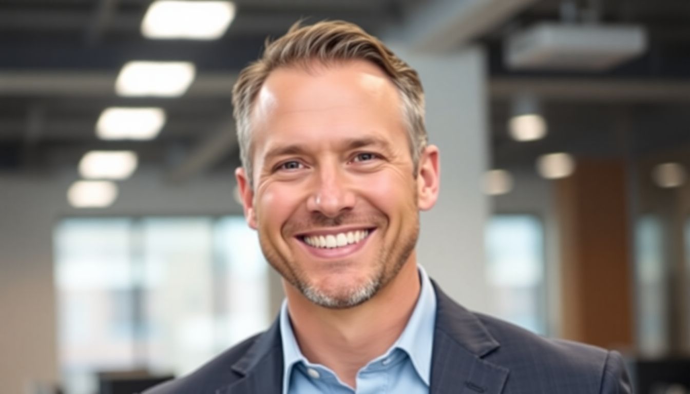 Smiling executive in a bright office.