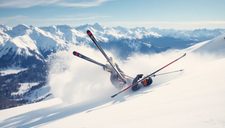 Skier falling on a snowy mountain during a ski accident.